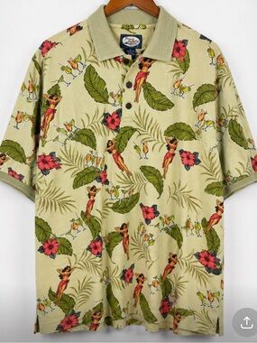 Tommy Bahama Medium Hula Girl Tropical Cocktail Print Polo Shirt 100% Cotton